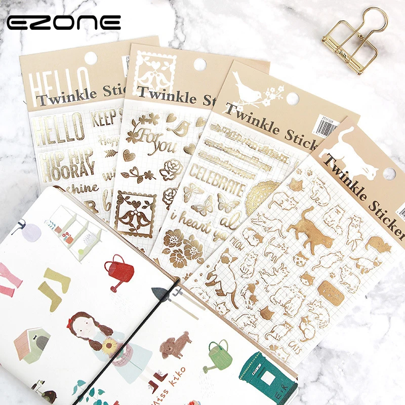 

EZONE 1PC Scrapbooking Adhesive Decor Stickers Hot Stamping Stickers Flower/Birds/Words/Cats Students Stationery Diary Stickers