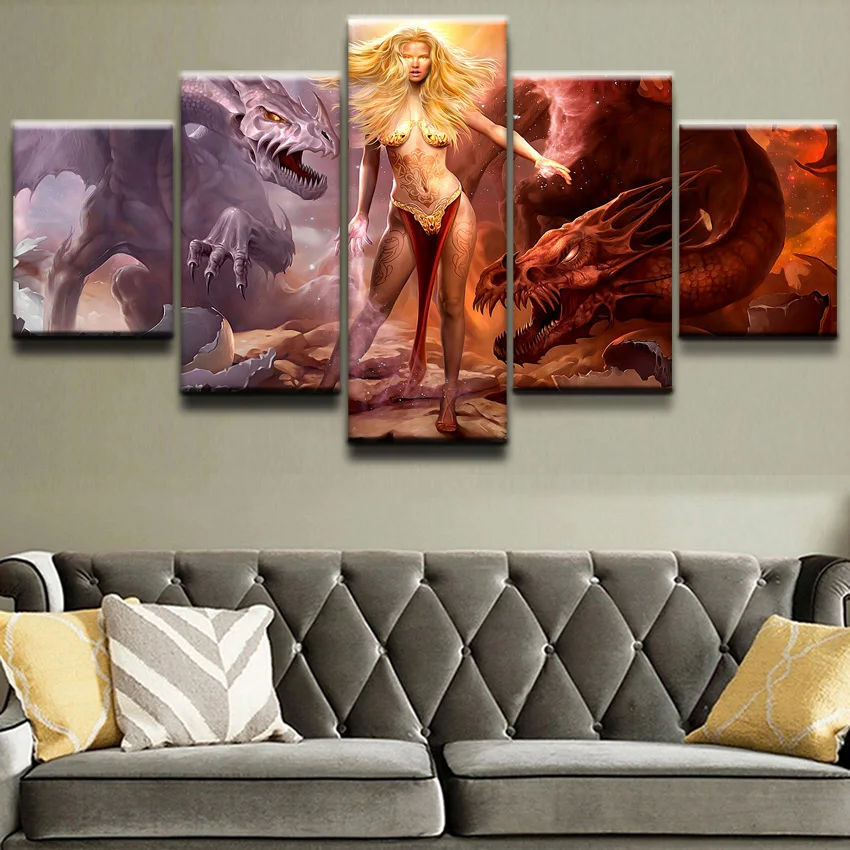 

Modern Canvas Paintings Home Decor HD Prints Poster 5 Pieces Dark Dragon Fantasy Tattoo Pictures Living Room Wall Art Framework
