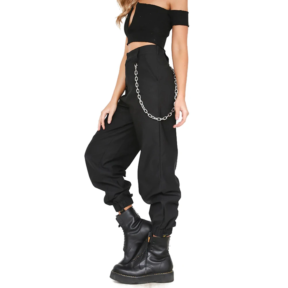 Высокие уличные стильные однотонные брюки-карго с цепочкой, новая мода, женские брюки с высокой талией, свободные черные брюки длиной до щиколотки