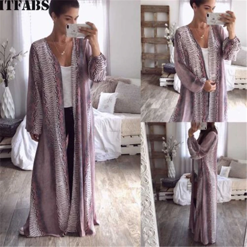 

Women Fashion Long Cardigan Snake Python Boa Chiffon Overcoat Open Boho Long Sleeve Gown
