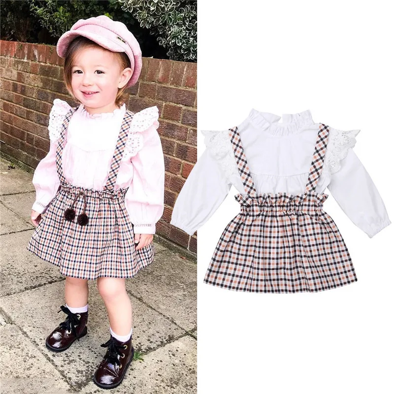 Infant Baby Girls Outfits Set baby girls Plaid Suspender Skirts newborn baby girls T shirts