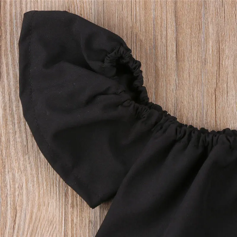 Комплект модной одежды из 2 предметов для девочек; коллекция года; летняя одежда для маленьких девочек черный топ с оборками+ джинсовые рваные брюки; детская одежда; Прямая поставка