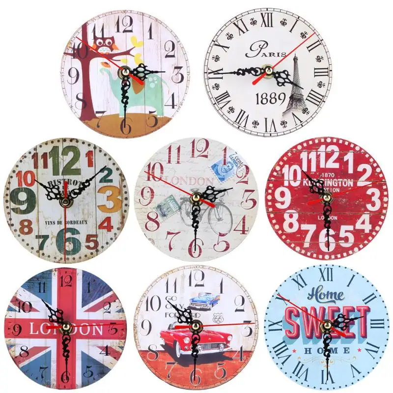 

12cm Vintage Wooden Wall Clock Large Shabby Chic Rustic Kitchen Home Brief Design Silent Home Cafe Office Wall Decor Clocks