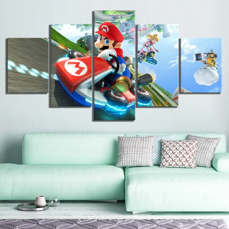 

5 Piece Mario Kart Cartoon Game Canvas Printed Wall Pictures Home Decor For Living Room Poster Canvas Wholesale