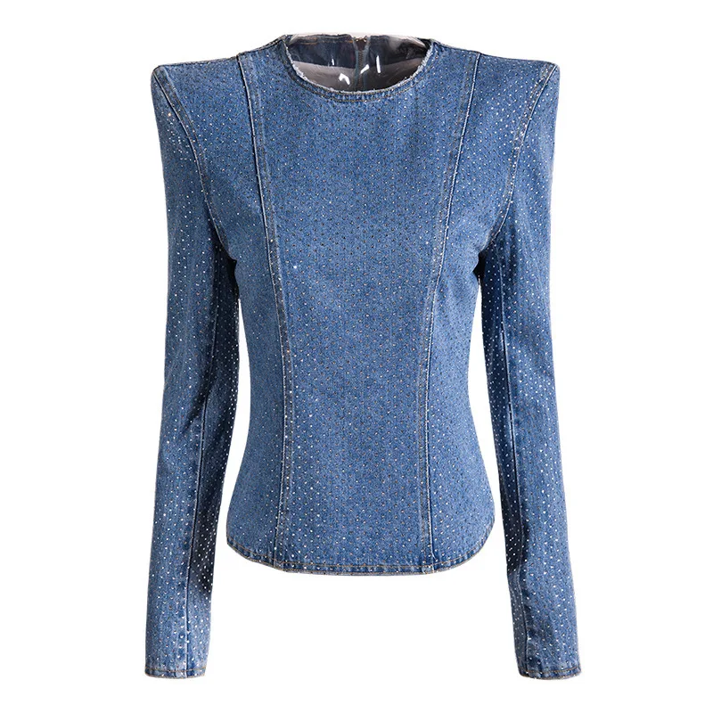 

[YaLee] New Fashion 2019 Summer Round Neck Long Sleeve Blouse Hot Drilling Rhinestone Back Zipper Loose Denim Shirt Women U443