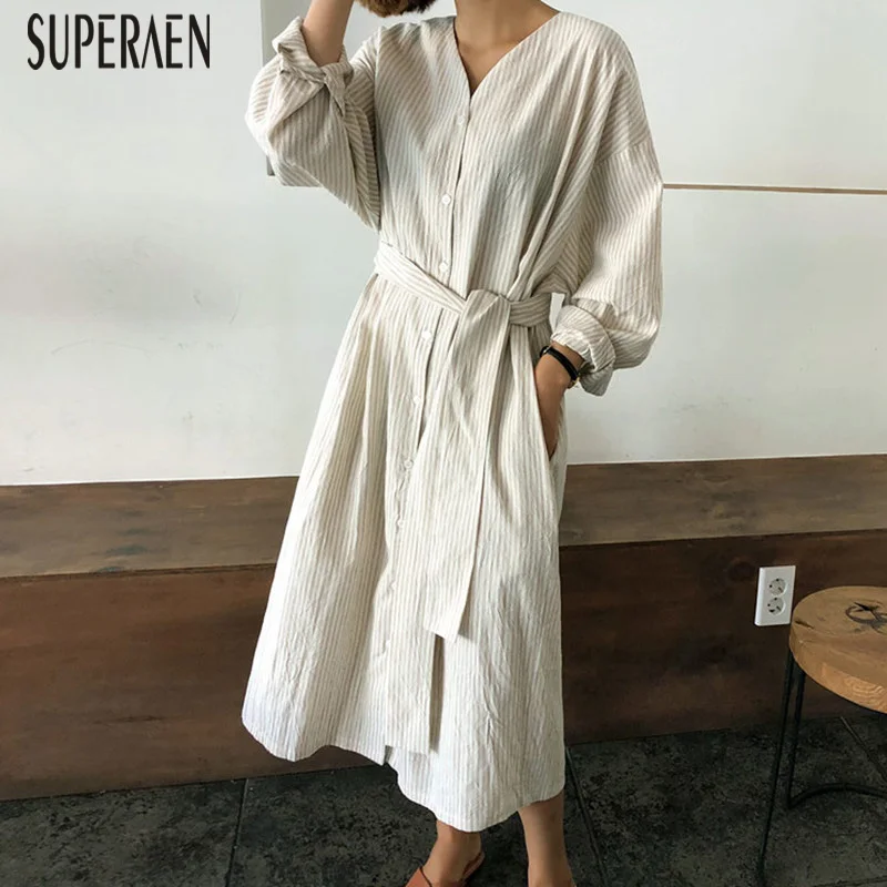 

SuperAen V-neck Striped Shirt Dress Female Korean Style Cotton Casual Women Dress Loose Pluz Size Spring New 2019 Women Clothing