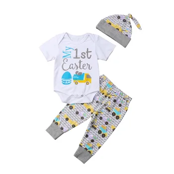 

PUDCOCO 2022 NEW Infant Newborn Baby Boy Girl Easter Outfits Sets Cotton Romper+Long Pants +Hat Summer Kids Clothes 0-24M