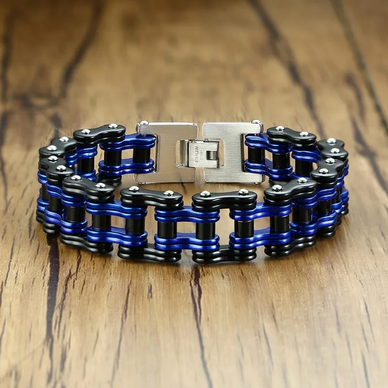 Мужской Байкерский браслет-цепочка, велосипедный синий и черный тон, нержавеющая сталь, Мотоциклетная цепь, панк, тяжелые ювелирные изделия, 8,5 дюйма