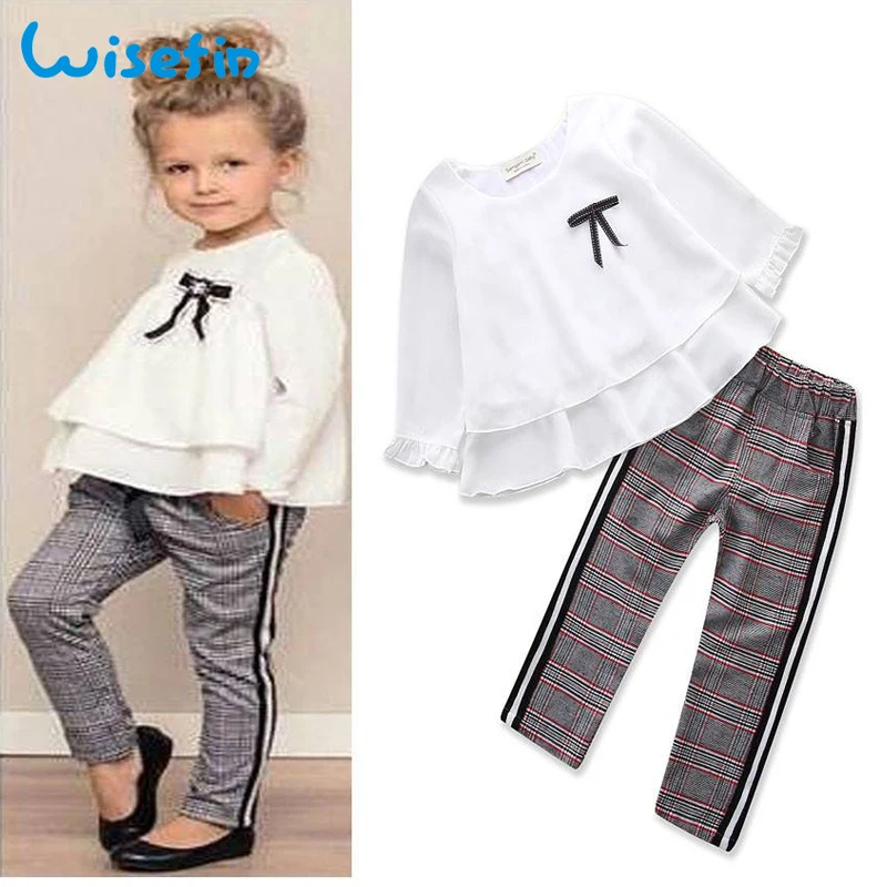 Одежда для девочек в британском стиле; одежда для маленьких девочек с длинными рукавами; рубашка+ брюки в клетку; комплект детской школьной одежды; детская одежда; D50