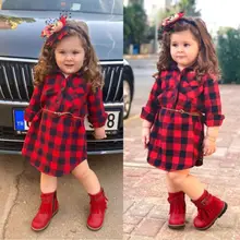 Рождественские вечерние платья принцессы в клетку с длинными рукавами для маленьких девочек