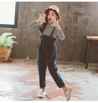 

2019 Autumn Girls Striped Shirt Denim Jumper Pants Two-Piece Set Fashionable