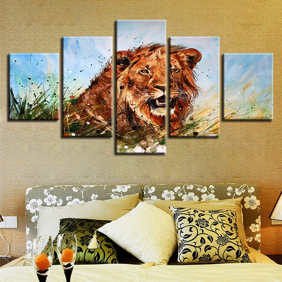 

Wall Art Framed Paintings Modular Artworks 5 Pieces Abstract Colorful Animal Lion Posters Printed Canvas Pictures Decor Bedroom