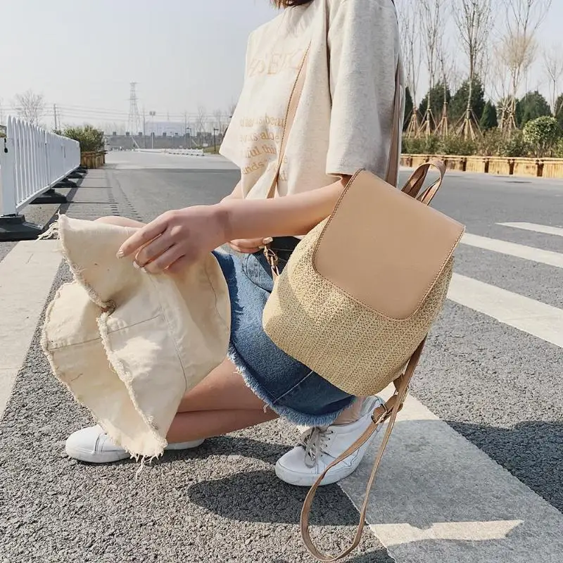 

2019 New Small Casual Straw Bucket Backpacks Women Teenage Girls Travel Shoulder Bags Book Bags Rucksack Mochila Feminina