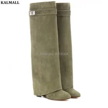 KALMALL замшевые сапоги до колена зеленого цвета в армейском стиле; женские мотоботы с острым носком на танкетке с металлическим замком акулы; много цветов; Большой размер 42