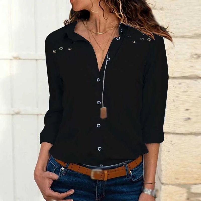 

Fashion Women Chiffon Blouse V Neck Button Hole Summer Shirt Casual Solid Color Long-Sleeved Blouses