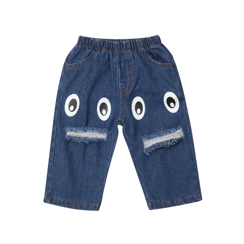 Toddler Kids Baby Boys Girls Cartoon Eyes Print Denim Bottom Hole Pants Jeans