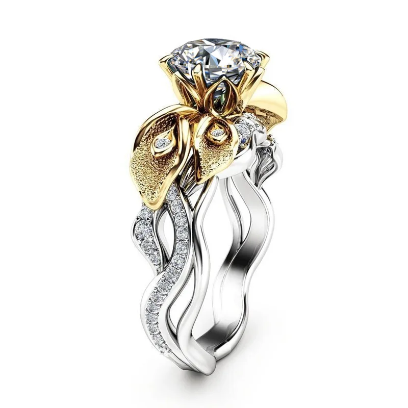 

Two-color Flower Zircon Wedding Ring for Women Two-tone Gold Plating Micro-inlay Drill Simulation Jewelry Ring Engagement Ring