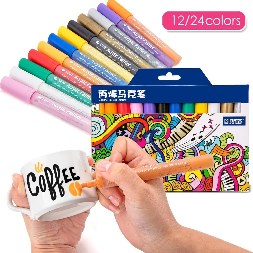 Cena Sta 12 24 kolorów zestaw akrylowy permanentny obraz marker do ceramicznego szkła rockowego kubek porcelanowy tkanina z drewna płótno rysunek artystyczny