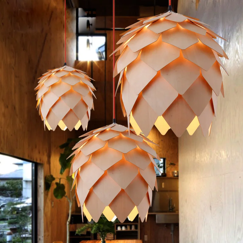Skup Retro Nordic Pinecone lampy wiszące led nowoczesne drewniane nowoczesne elementy DIY IQ Puzzle artystyczna do sypialni drewno Lamparas oprawy oświetleniowe