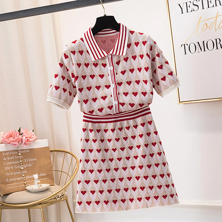 

Women Single-Breasted Bright Silk Heart Jacquard Knit 2 Piece Set Short Sleeve Sweater+A-Line Skirts Sets Knitting Clothing Suit