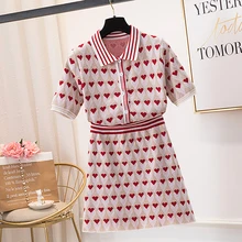 Women Single-Breasted Bright Silk Heart Jacquard Knit 2 Piece Set Short Sleeve Sweater+A-Line Skirts Sets Knitting Clothing Suit