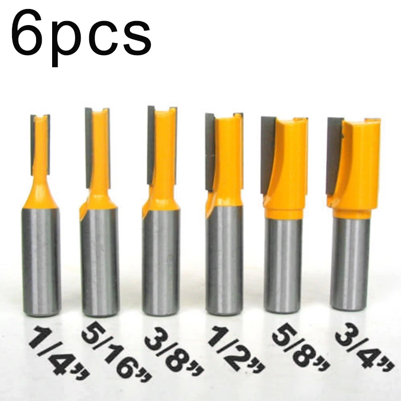 

6x 1/2 Shank Straight Router Bit Set 1/4 5/16 3/8 1/2 5/8 3/4 Inch Yellow 2019 Turning Lathe Woodworking Tool