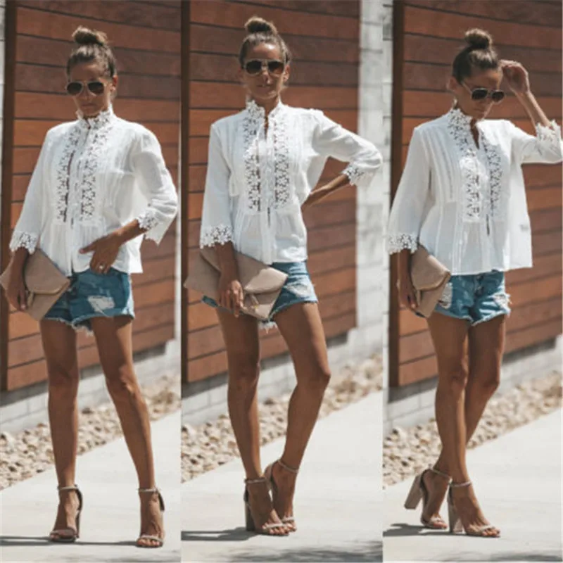 

New Fashion Women Cotton Lace Hollow out Blouse Ladies Loose White Casual Tops Femme Blouses Buttons Stand Lace Collar shirt
