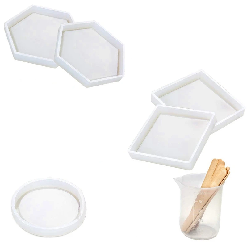 

5 Pcs Diy Silicone Coaster Resin Molds Epoxy Casting Including Round Hexagon And Square Mold For Resin Concrete Cement Home De