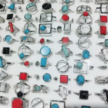 

100pcs/Lot Tibet Antique Luxury Crystal Vintage Men Women Stone Silver Plated Finger Rings Gifts Bohemian Design Engagement