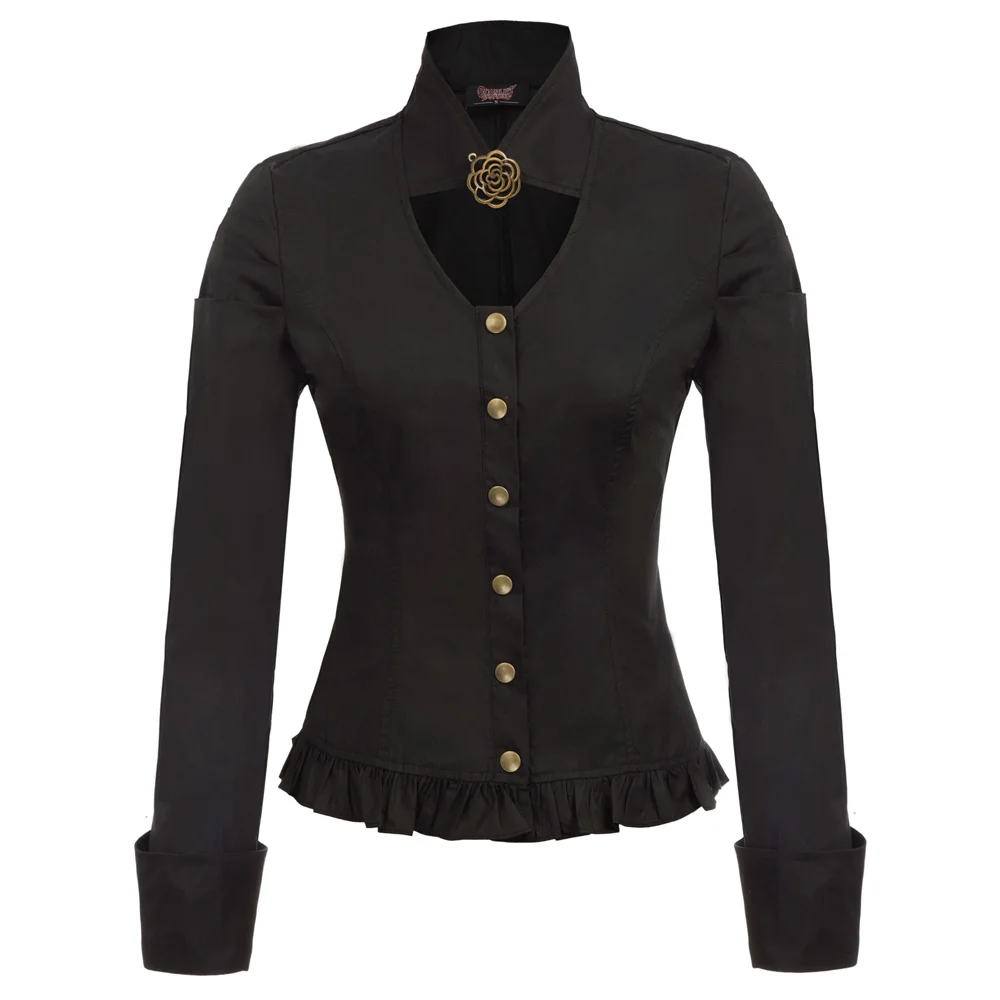 

solid color Steampunk Long Sleeve Stand Collar ruffle Button Placket Frilled Hem Shirt chemise femme party vintage shirts Women