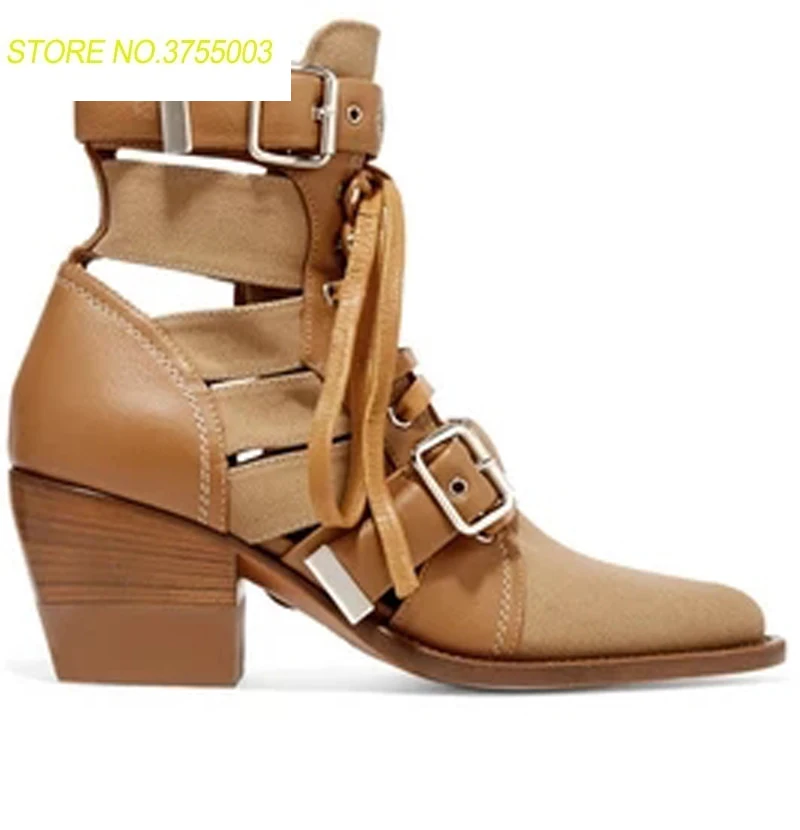 

Spring British Style Hemp leather Patched Belt Metal buckle Ankle Boots Women Round toe Ladies Sexy Med High Heels Martin Boots