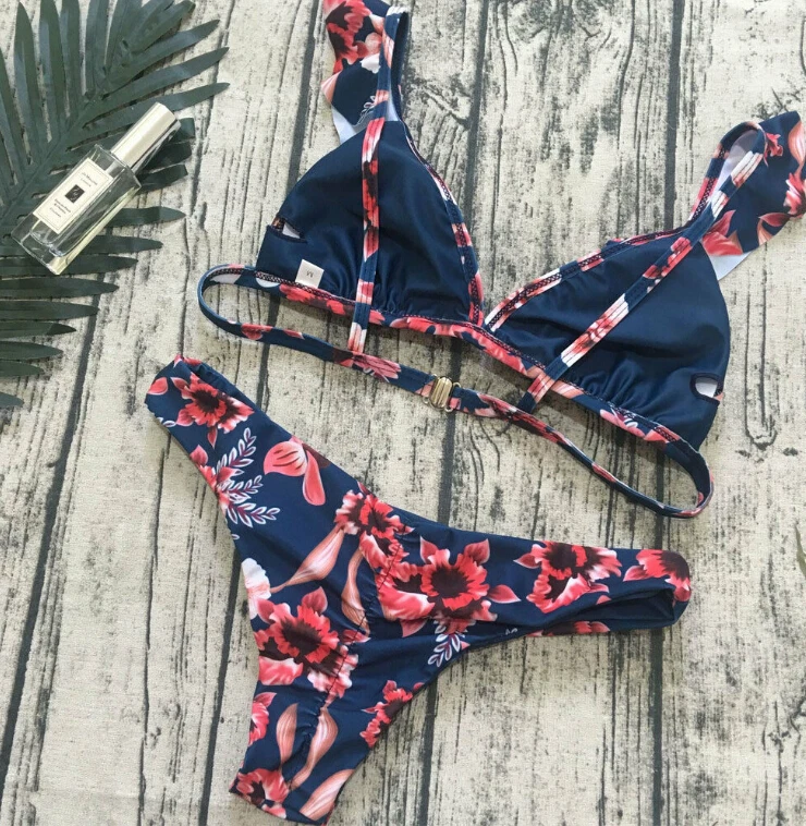 2019 dos piezas mujeres Floral push-up sujetador acolchado colmena vendaje Bikini conjunto triángulo traje de baño playa