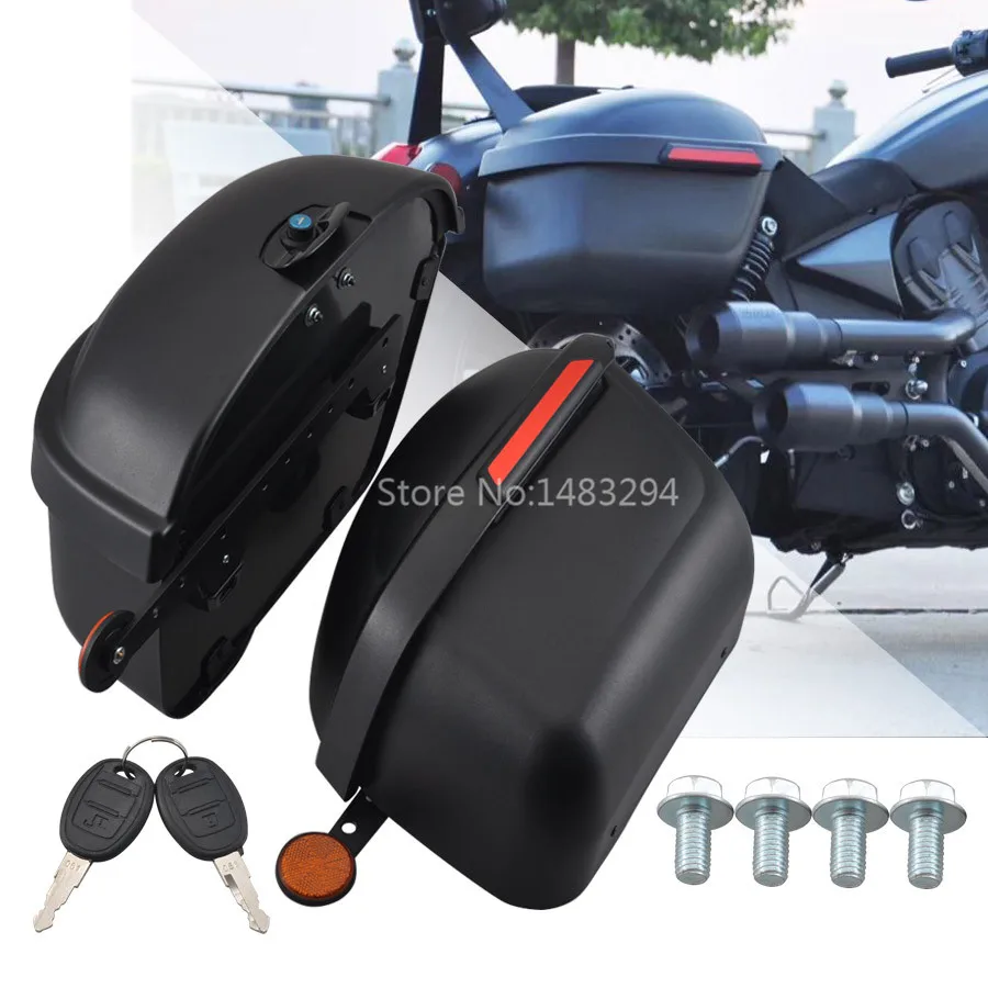 

Large Black Motorcycle Side Boxs Luggage Tank Hard Trunk Saddle Bags With Reflectors Universal Trip Racing