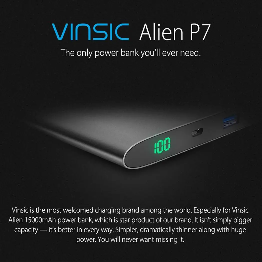 Vinsic Alien P7 ультра тонкий 15000 мАч Внешний аккумулятор портативное Внешнее зарядное