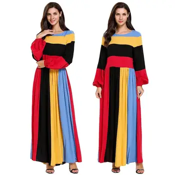 

Women Stripe Patchwork Strech Long Maxi Party Dress Dubai Abaya Jilbab Kaftan Robe Gown Colorized Draped Design Ramadan Dresses
