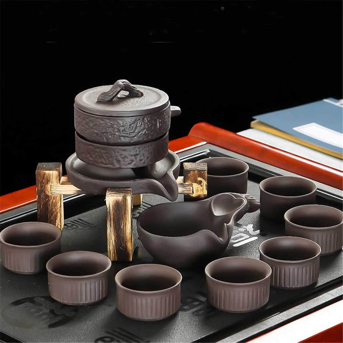 

11PCS Semi-automatic Purple Clay Tea Set Chinese Kung Fu Porcelain Teapot Cup Elegant Kettle Wood Holder Tray Infuser Pitcher