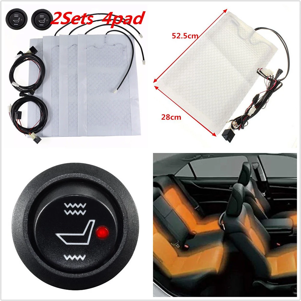 

4 PCS Universal Car Heated Seat Heater Pads Kit With Round Switch Carbon Fibre