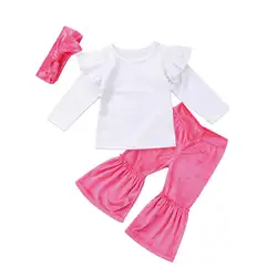 Комплект из 3 предметов для новорожденных и маленьких девочек, хлопковые однотонные топы с рукавами-крылышками, бархатные штаны, повязка на