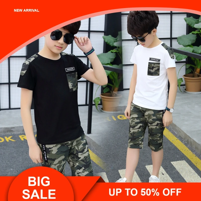 

Boys Clothes Summer Clothing Set 2019 New Fashion Patchwork Camouflage O-neck Short Sleeve Two Pieces Suit Clothes