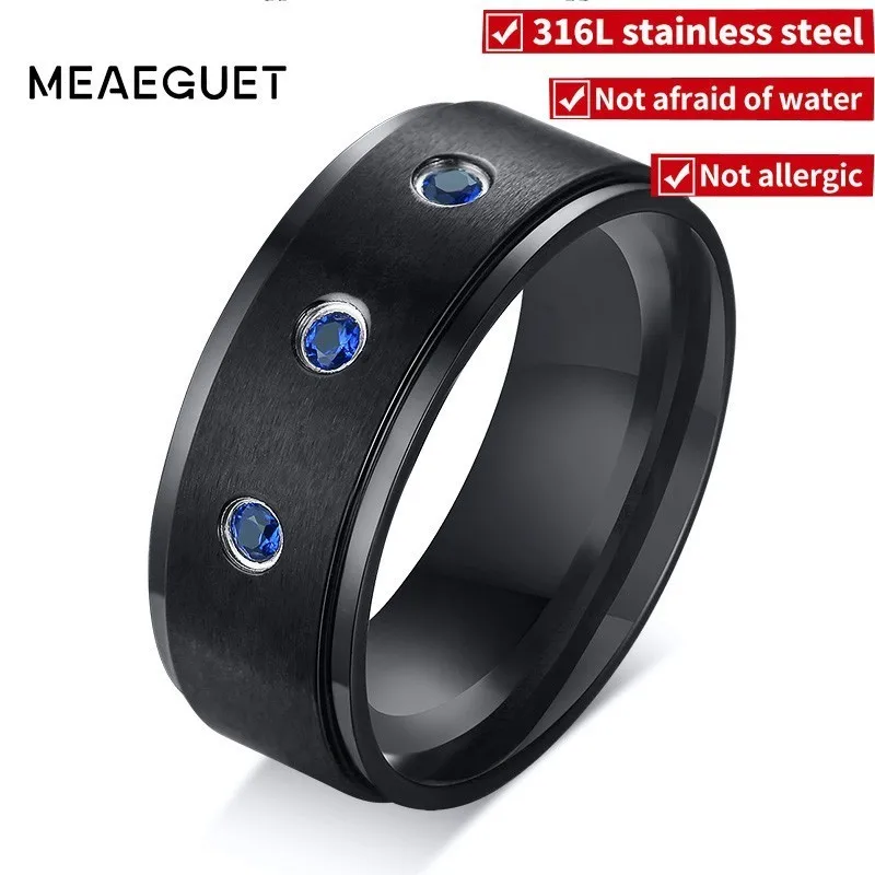 

Blue Zircon Stone Men's Wedding Ring 316L Stainless Steel Black Color Party Engagement Brands Embroidery Anillos Hombre Jewelry