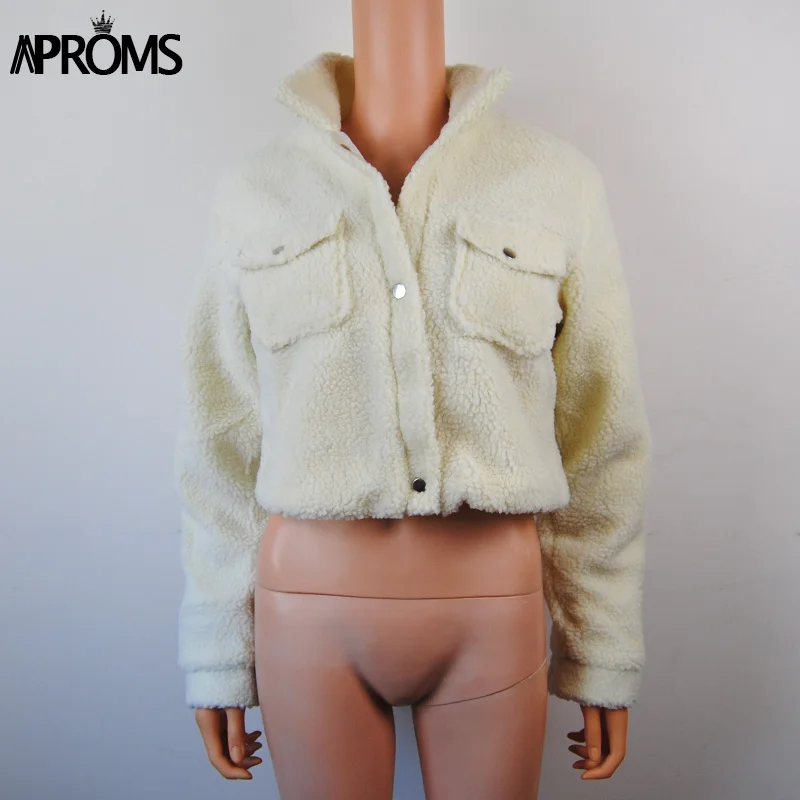 Aproms Fashion Black Pockets Buttons Jackets Women Long Sleeve Slim Crop Top Winter Coats Cool Girls Streetwear Short Jacket