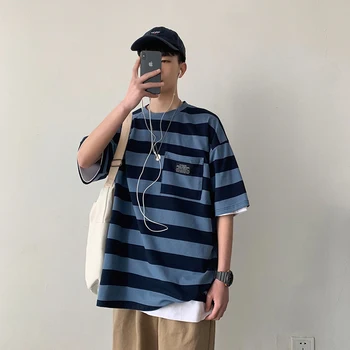 

2019 Summer Men's Wind Stripe Printing Tshirt Fashion Trend Short Sleeve Tide Loose Cotton Clothes Grey/blue Color T-shirt M-XL