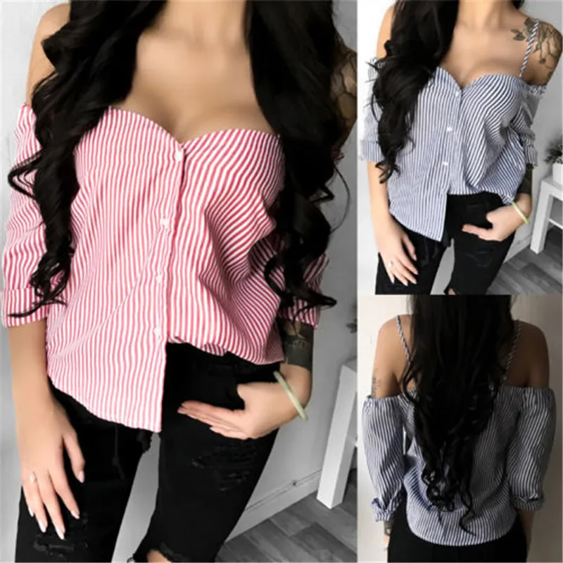 أزياء المرأة السيدات صيف طويل كم قميص فضفاض عارضة بلوزة قمم مثير مخطط الخامس الرقبة قميص