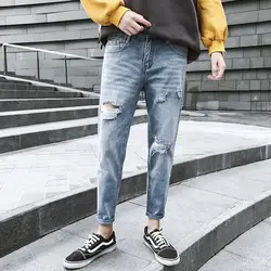 Модные повседневные мужские осенние новые джинсы M-XXL хлопок темпера Мужские t Популярные свободные сплошной цвет отверстие девять брюки