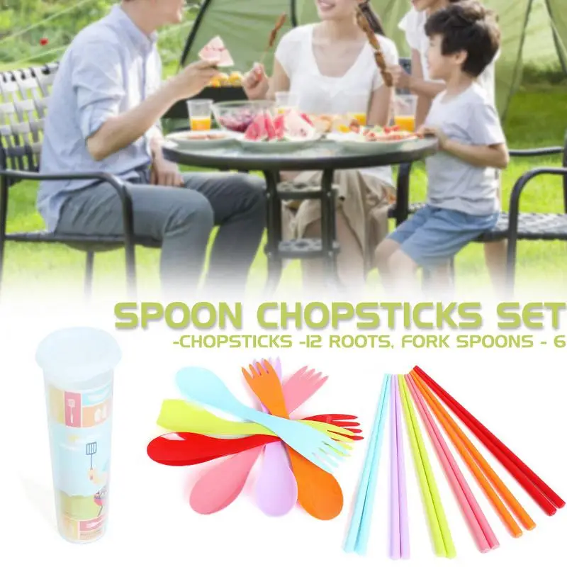 Picnic al aire libre innovador comida grado 6 piezas tenedor cuchara palillos Camping arcoíris Color vajilla portátil palillos conjunto