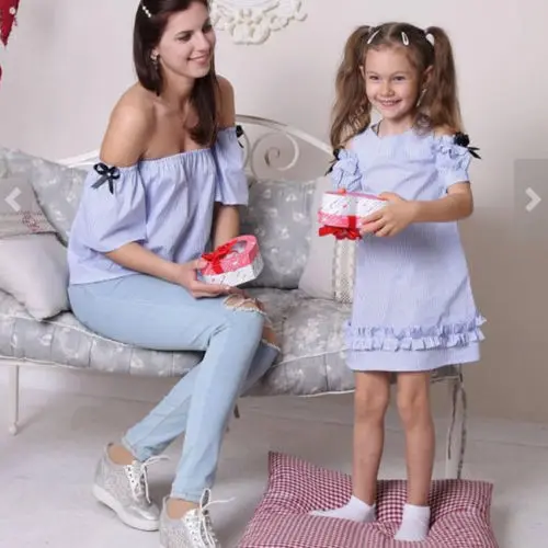 

Focusnorm New Fashion Women Girls Kids Off Shoulder Matching Dress Clothing Tops Mom And Me Dress