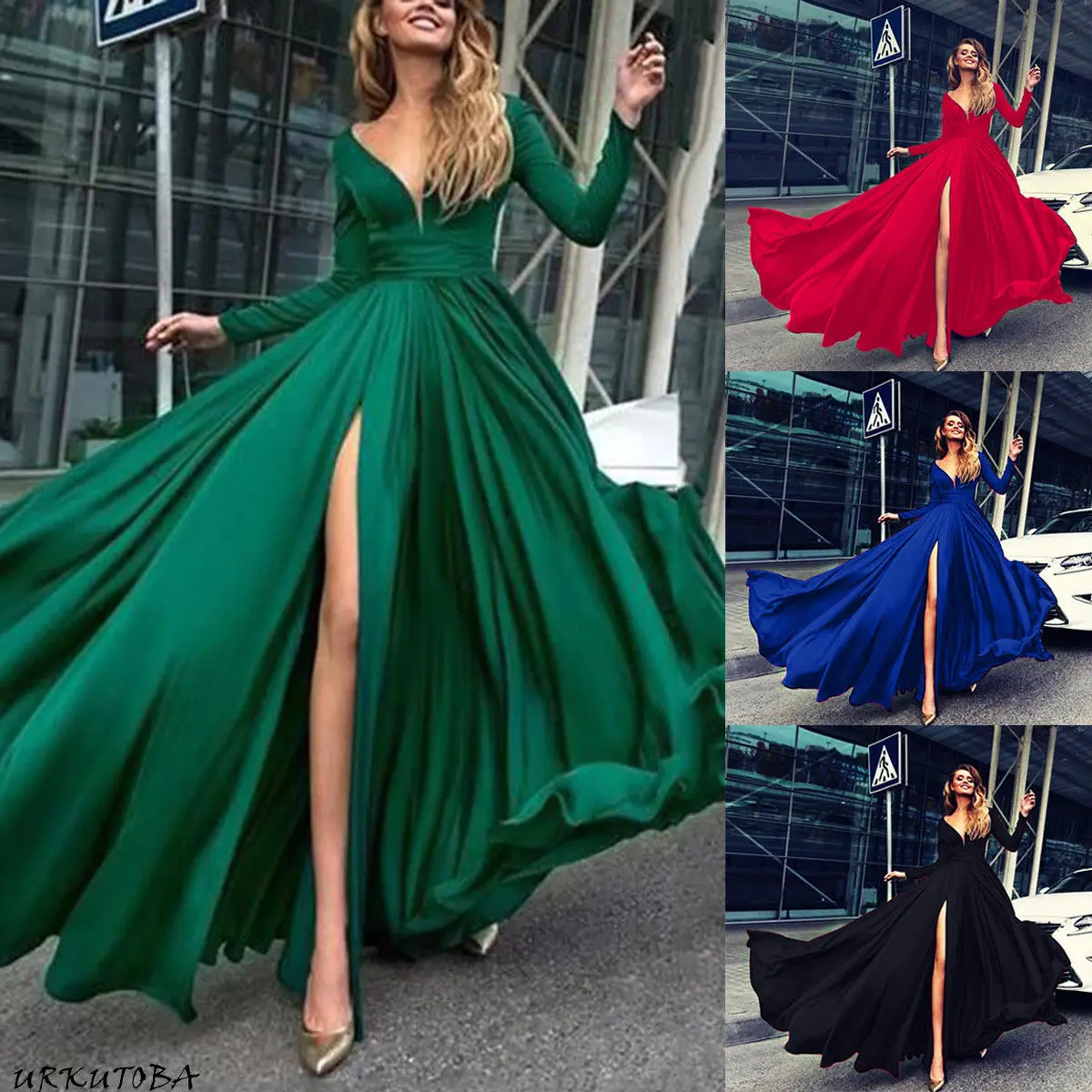 

Ladies Solid V-Neck Party Beach Dresses Women Autumn Sexy Long Sleeve Long Split Dress