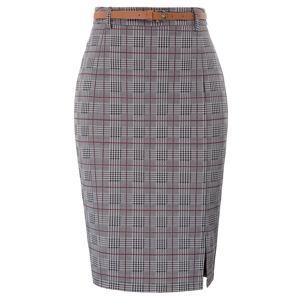 Kate Kasin Women's Gingham Skirts Office Lady Business Elegant Casual Grid Pattern Belt Decor Hips wrapped Bodycon Pencil Skirt|Юбки| |