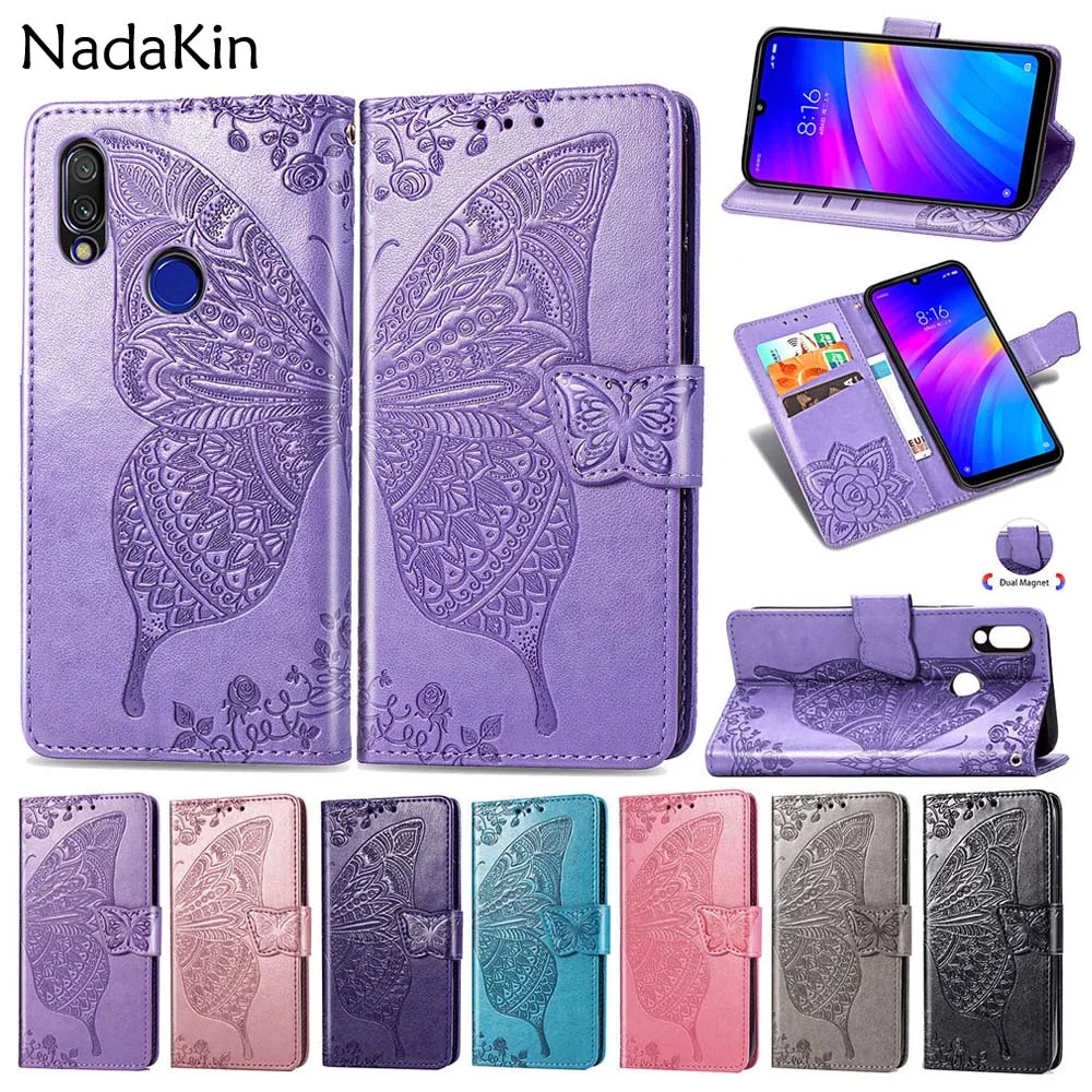

Butterfly Flower Embossed Book Leather Phone Case for Xiaomi Redmi 6A Go Note 5 Plus 6 Pro 7 Flip Wallet Cover Shell With Strap