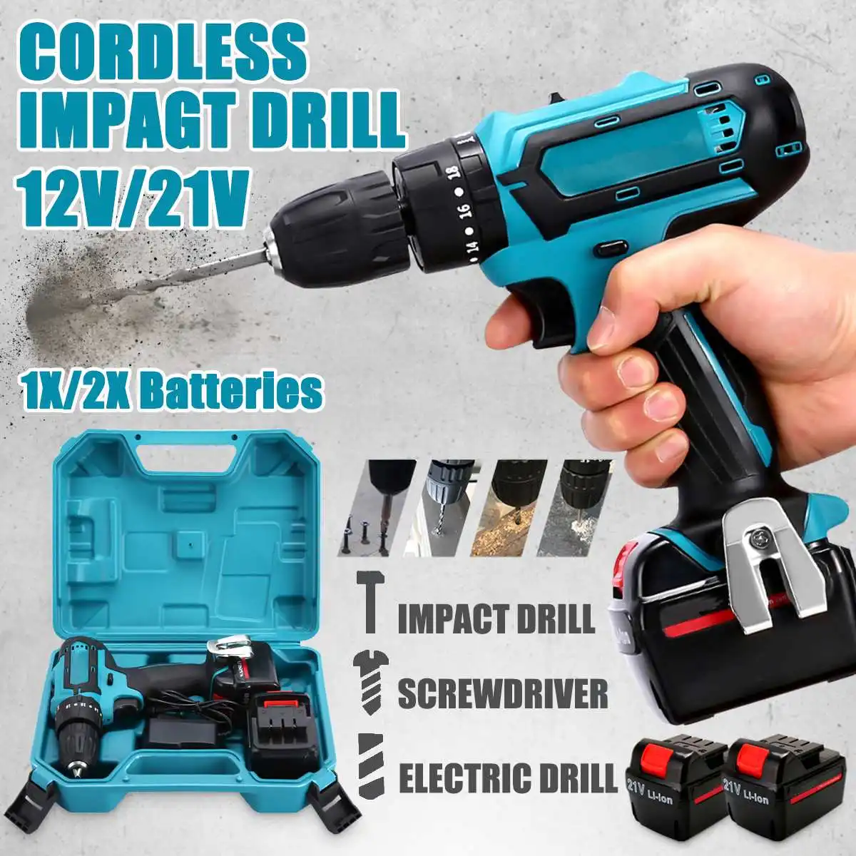 

12V/21V 1/2battery Max Electric Screwdriver Cordless Drill Mini Wireless Power Driver DC Lithium-Ion Battery 18Mode 2 Speed
